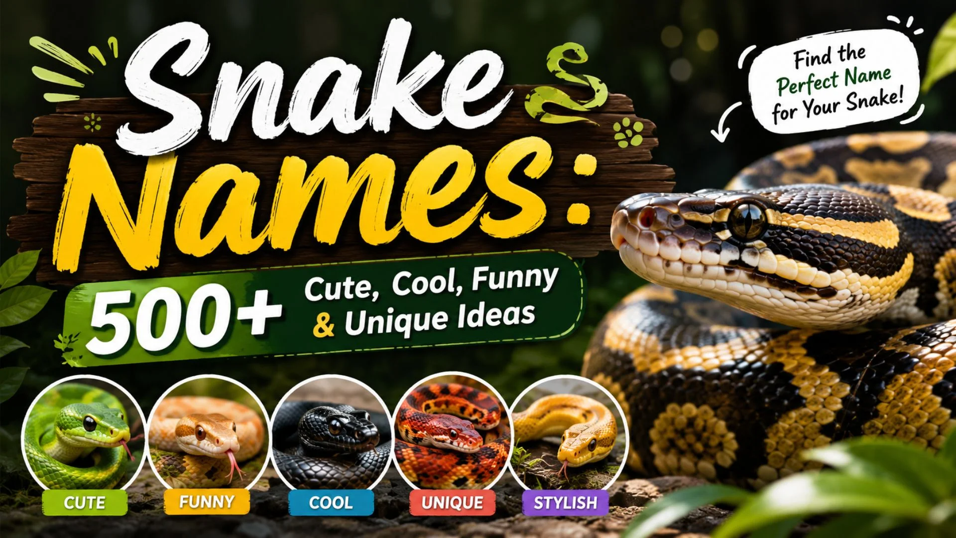 Snake names guide featuring a ball python with cute, cool, funny, and unique pet snake name ideas