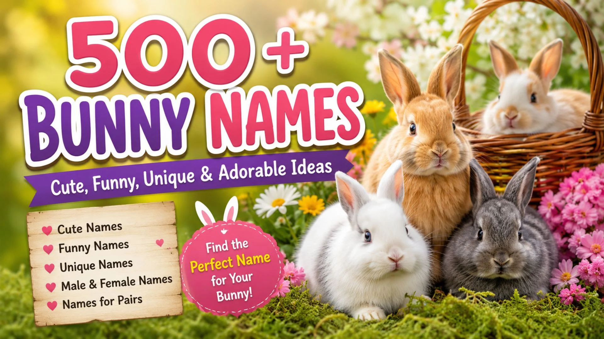 Cute bunnies in a spring garden with text showcasing 500+ bunny names including cute, funny, unique, and adorable ideas.