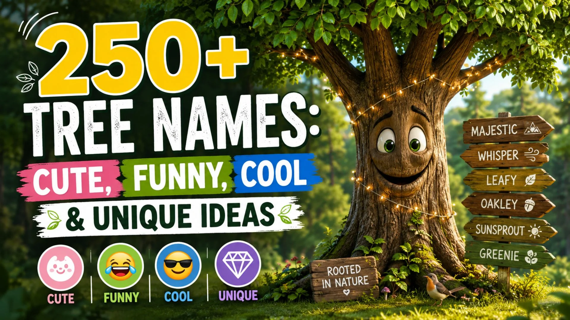 250+ tree names with cute, funny, cool, and unique ideas beside a cheerful illustrated tree
