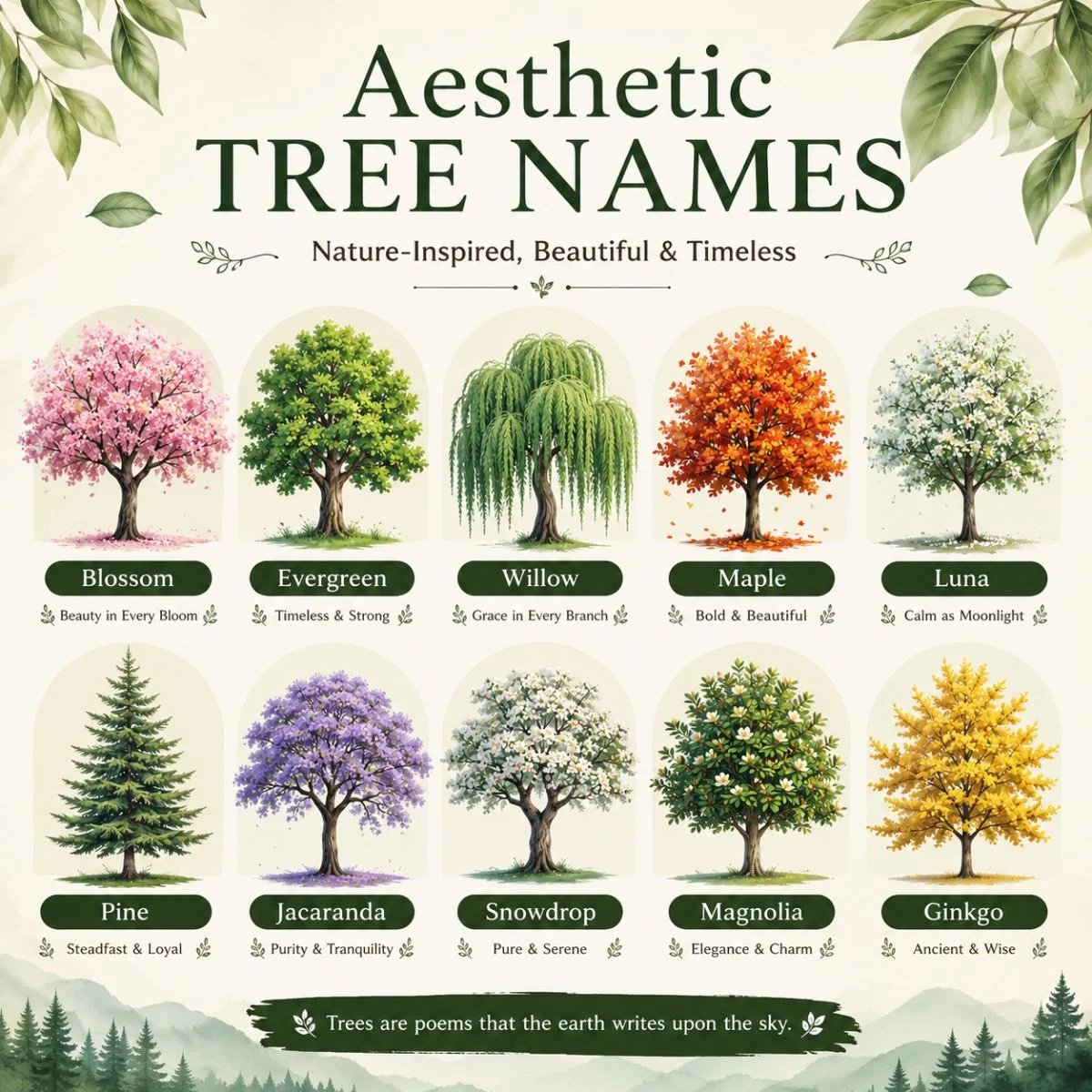 Aesthetic tree names poster featuring beautiful nature-inspired tree illustrations and elegant name ideas