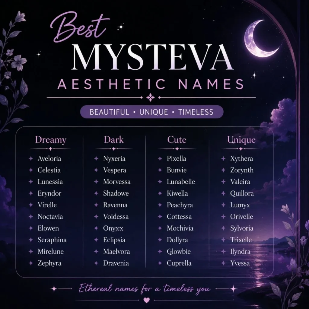 Best Mysteva aesthetic names in dreamy, dark, cute, and unique styles with a mystical purple theme.