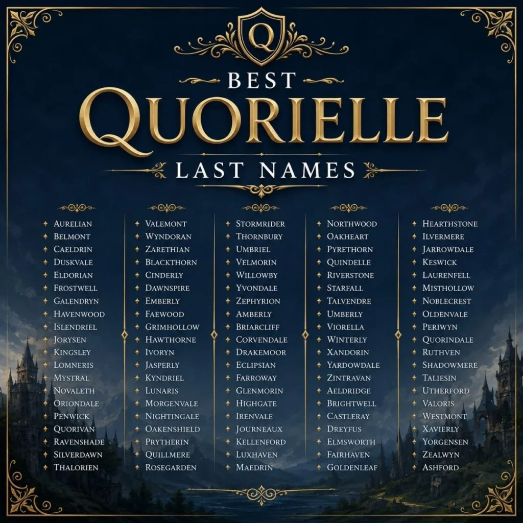 Best Quorielle last names in an elegant fantasy surname poster with gold accents