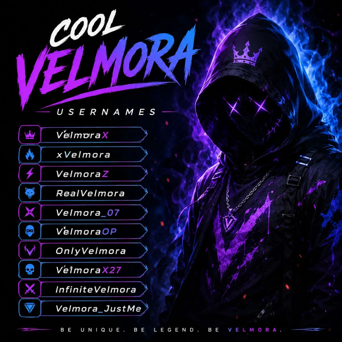 Cool Velmora usernames in a neon gaming poster with a mysterious hooded character