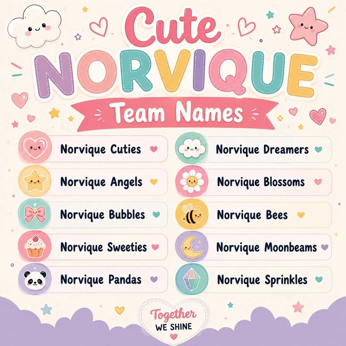 Cute Norvique team names in a colorful pastel infographic with kawaii icons and playful lettering
