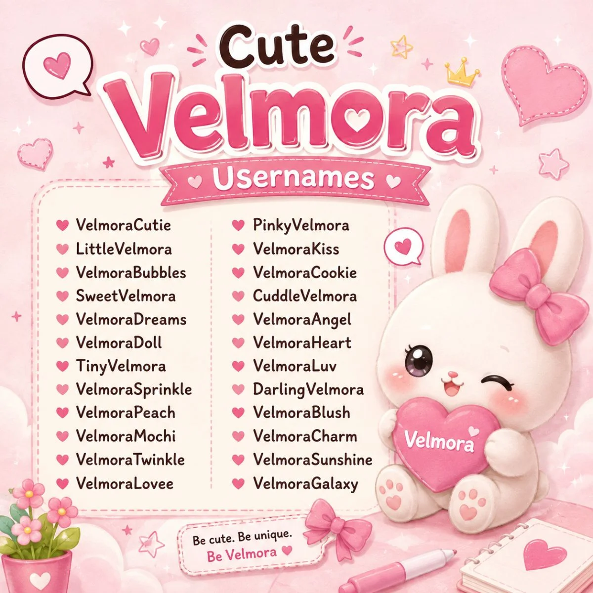 Cute Velmora usernames poster with pink pastel design, adorable bunny, hearts, and sweet username ideas.