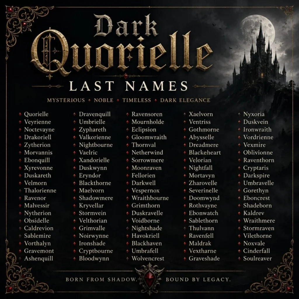 Dark Quorielle last names with gothic fantasy castle and elegant mysterious surname ideas