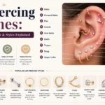 Ear piercing names chart showing 20+ types, placements, and popular jewelry styles