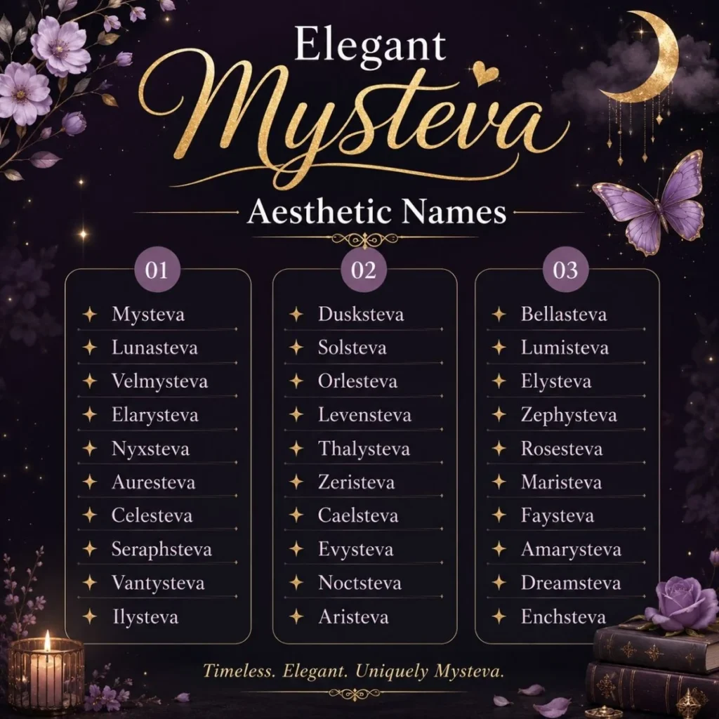 Elegant Mysteva aesthetic names in a dreamy purple and gold fantasy design
