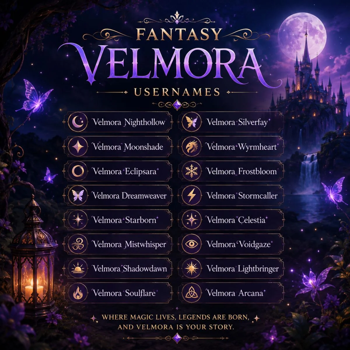 Fantasy Velmora usernames displayed in a magical moonlit castle scene with glowing butterflies and stars.
