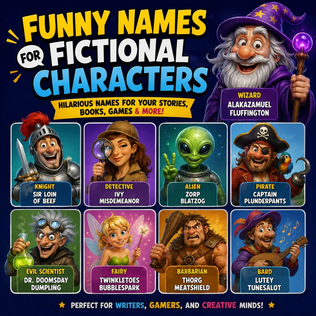 Funny names for fictional characters featuring humorous fantasy, pirate, wizard, alien, and detective characters