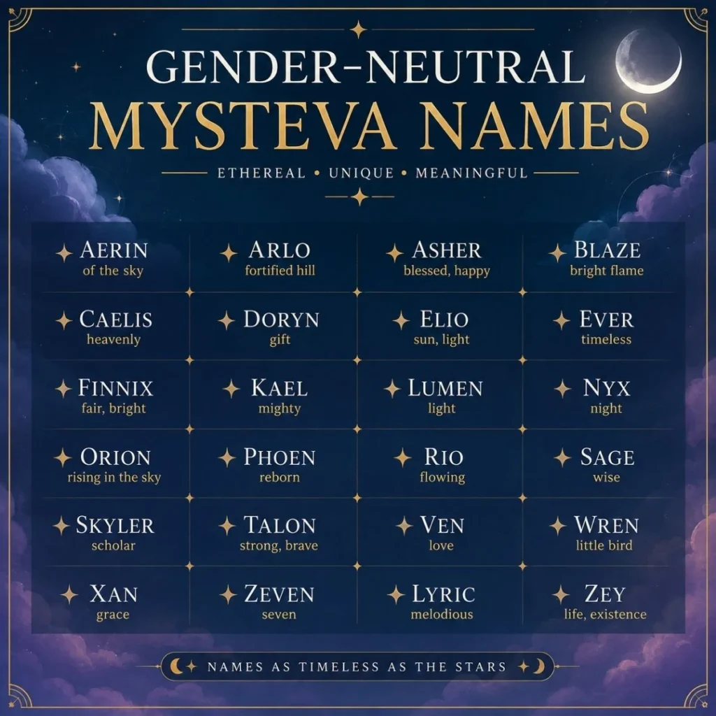 Gender-neutral Mysteva names with unique, dreamy meanings in a celestial night-themed design.