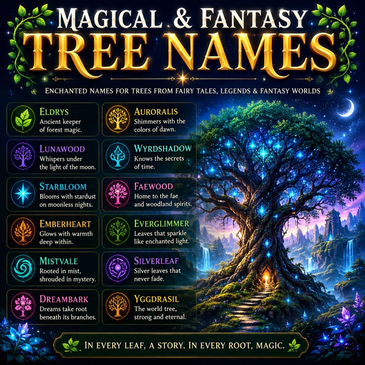 Magical and fantasy tree names poster with an enchanted glowing tree and whimsical name ideas