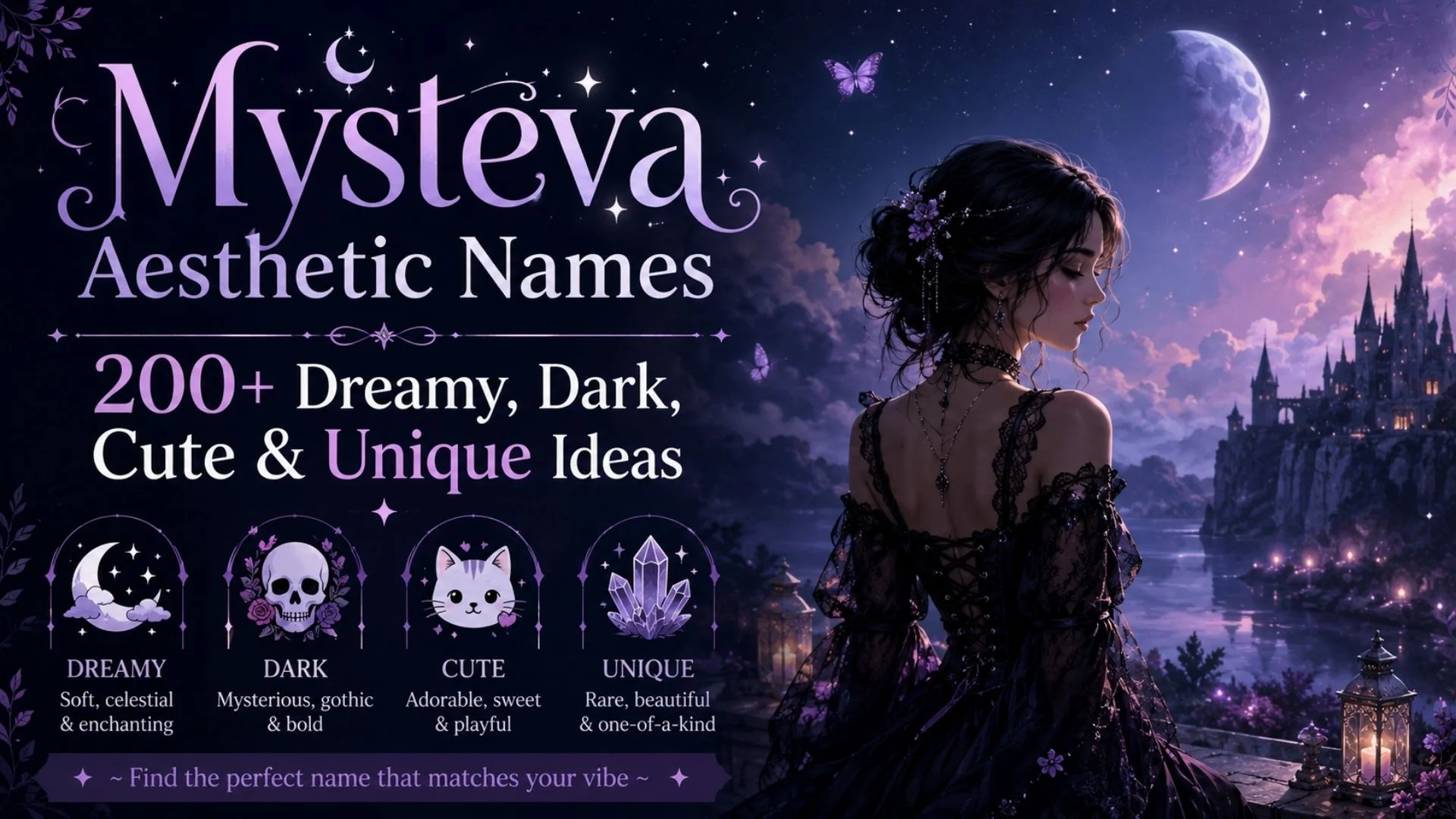 Mysteva aesthetic names banner featuring dreamy, dark, cute and unique name ideas in a magical fantasy setting