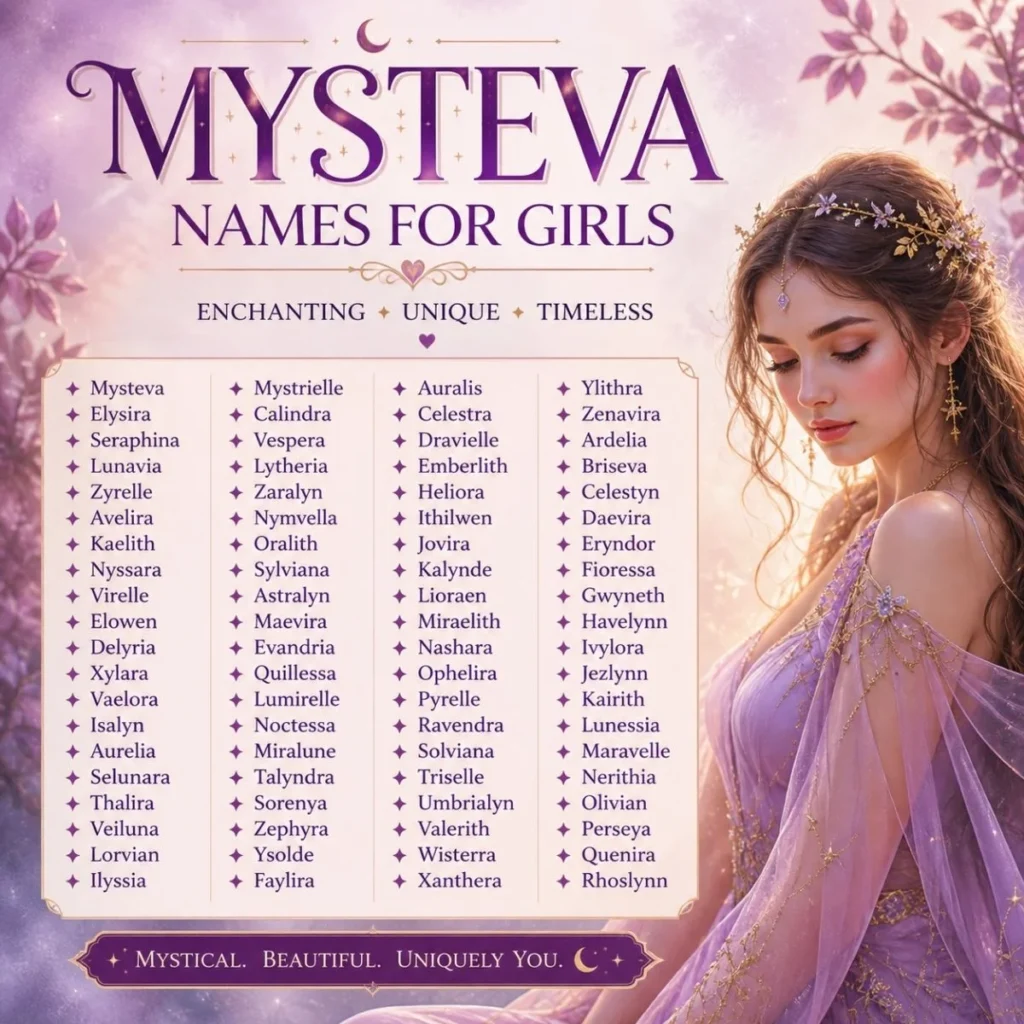 Mysteva names for girls in a dreamy lavender fantasy poster with elegant typography and magical feminine details.