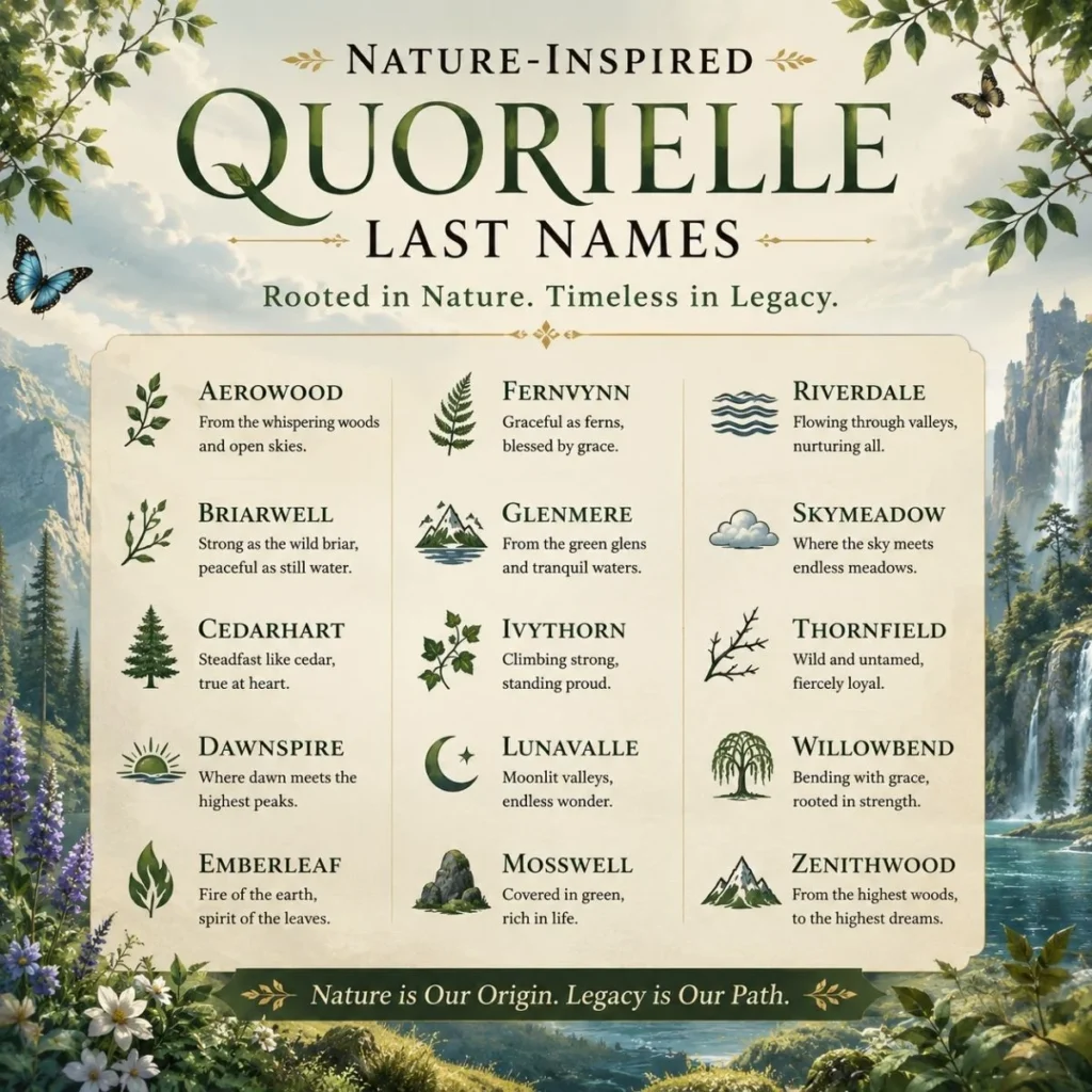 Nature-inspired Quorielle last names in an elegant fantasy forest-themed infographic
