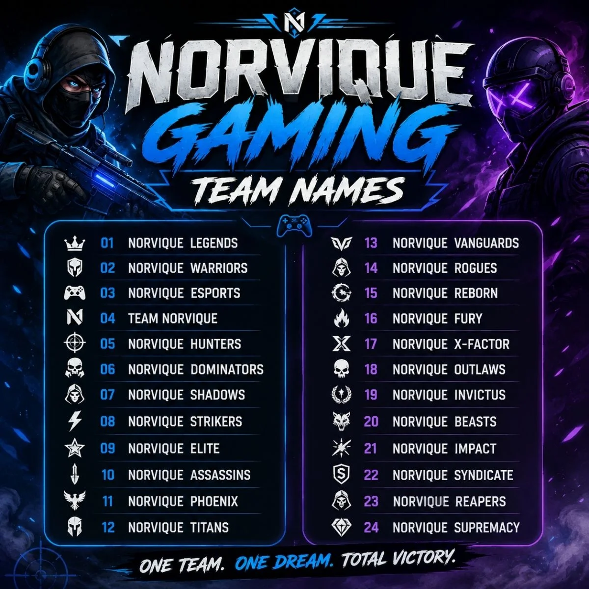 Norvique gaming team names poster with neon esports graphics and 24 creative team name ideas