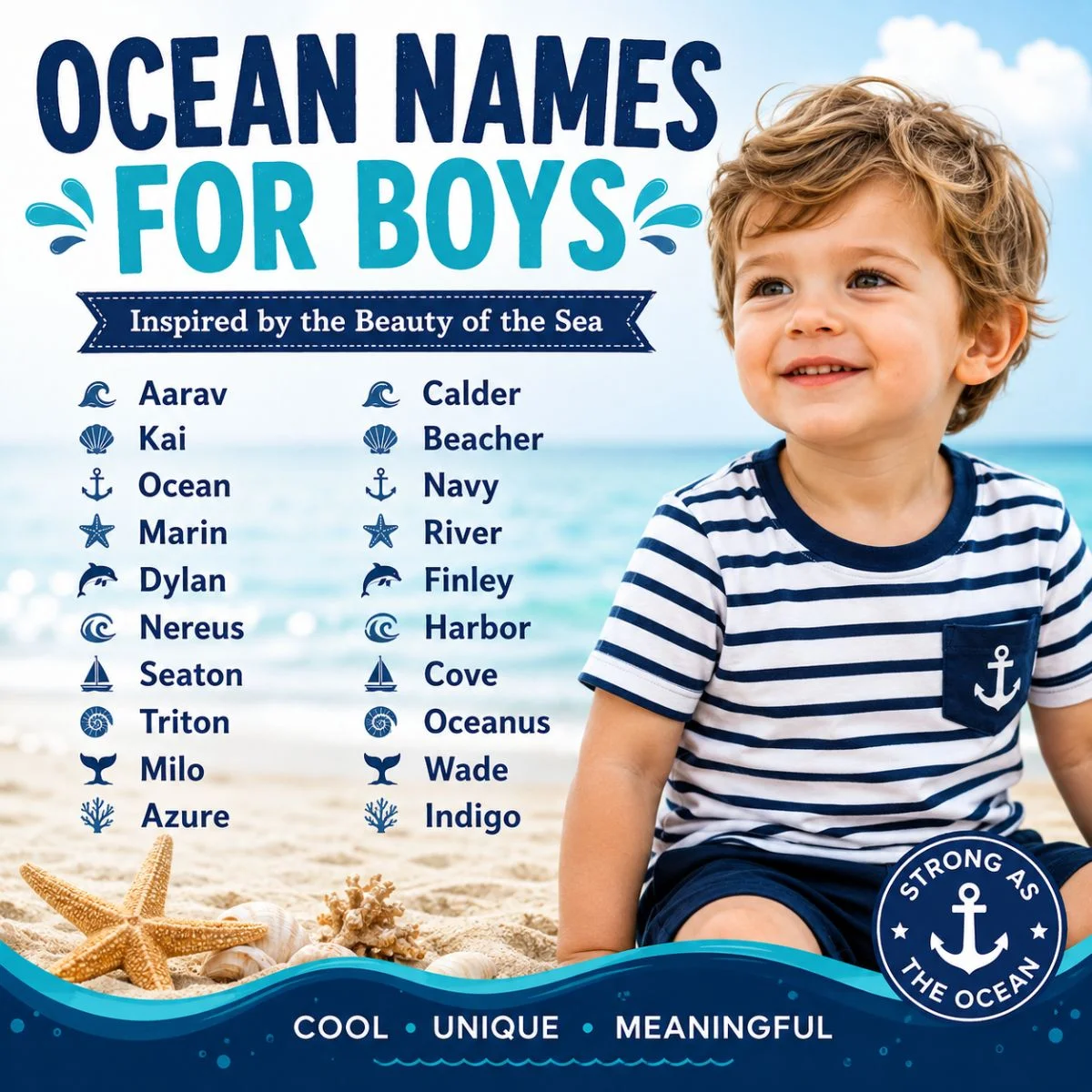 Ocean names for boys with sea-inspired baby boy names and a cute sailor-themed child