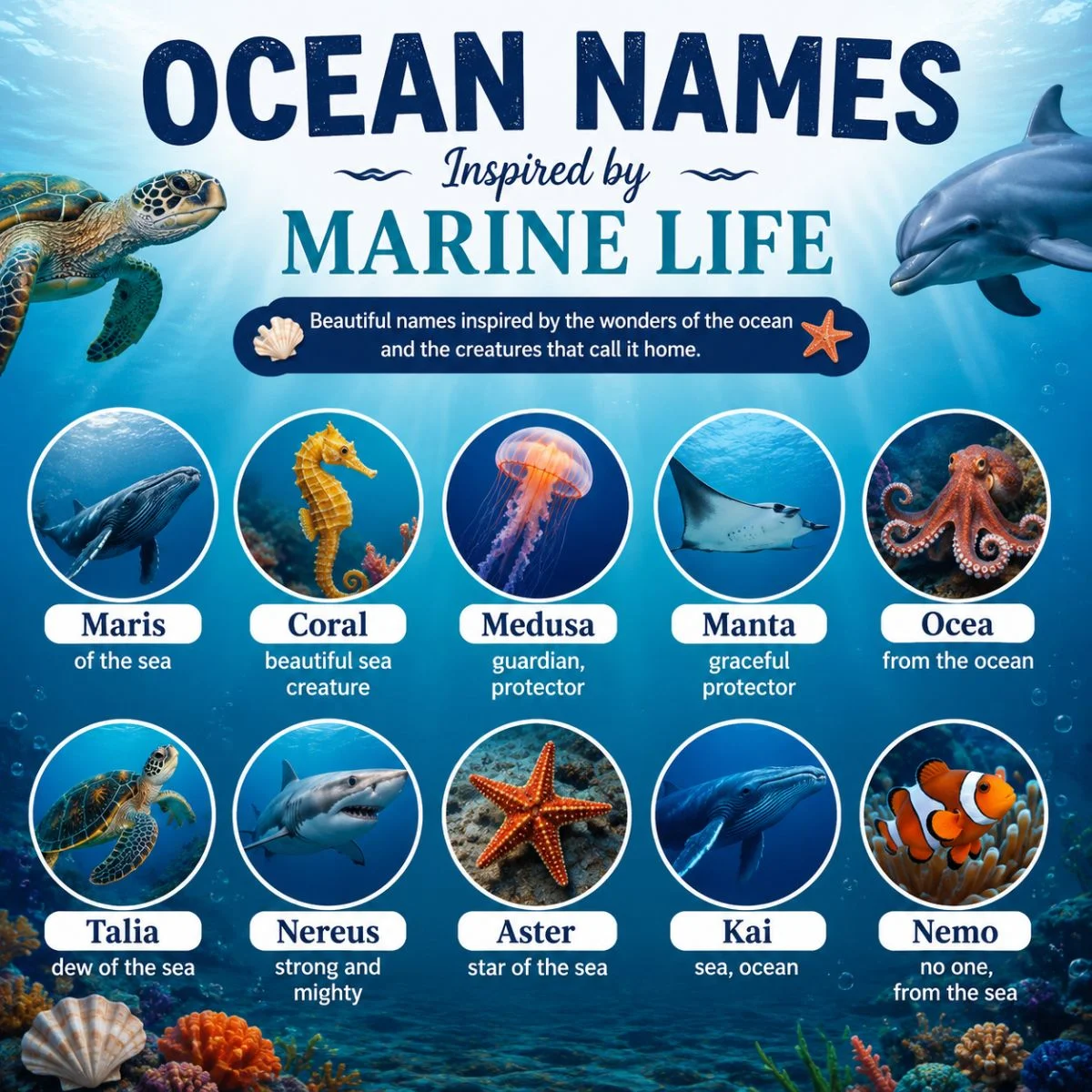 Ocean names inspired by marine life featuring dolphins, turtles, whales, seahorses, and other sea creatures
