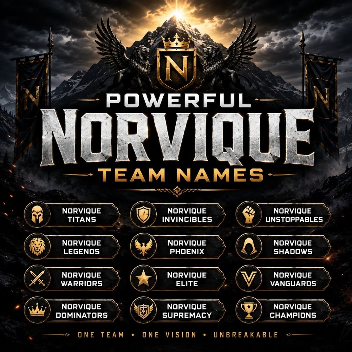 Powerful Norvique team names poster with a crowned N crest, warriors, and bold gold-and-black design.