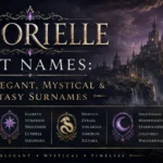 Quorielle last names featuring elegant, mystical, and fantasy surname ideas with a magical castle backdrop.