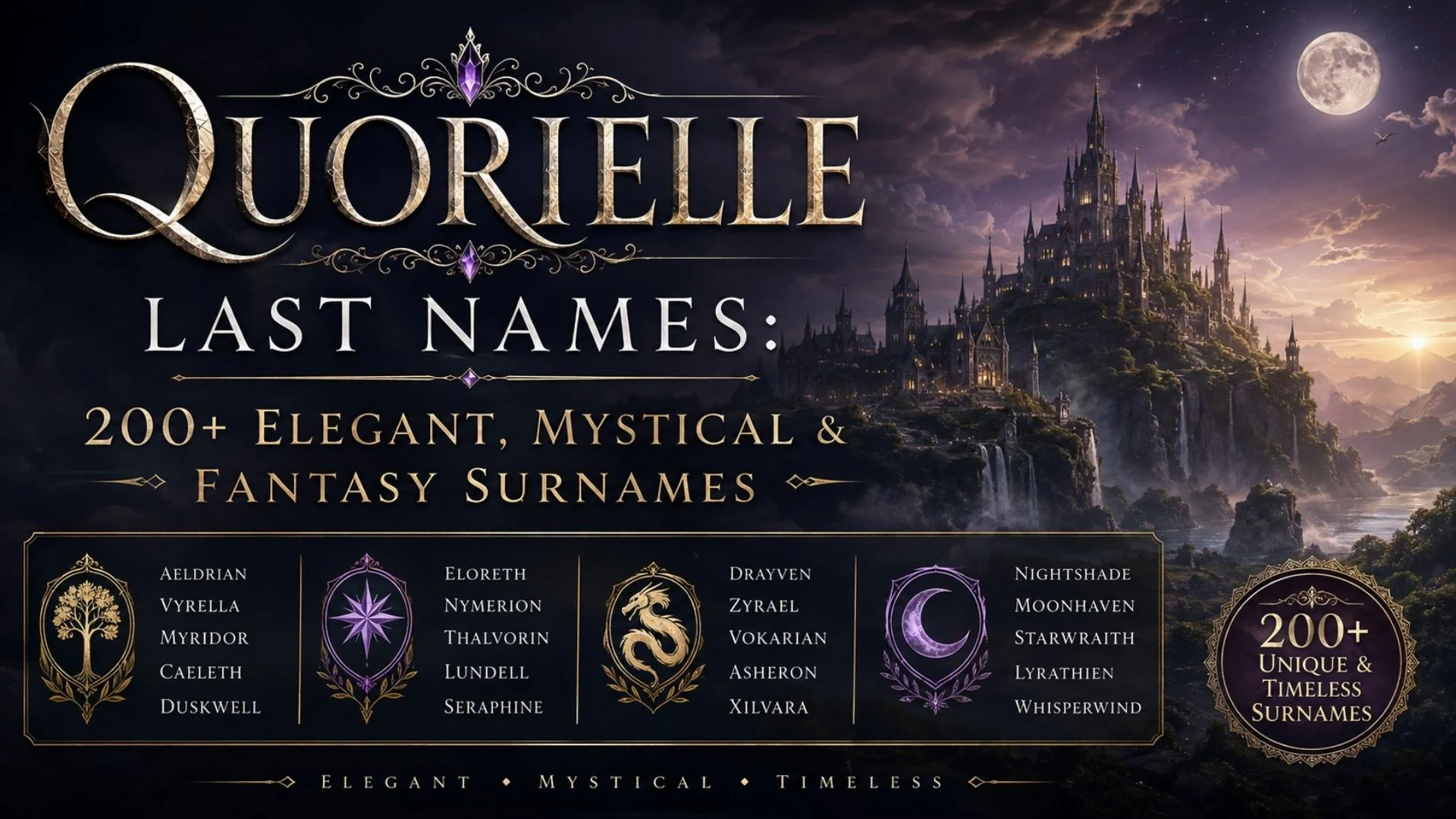 Quorielle last names featuring elegant, mystical, and fantasy surname ideas with a magical castle backdrop.