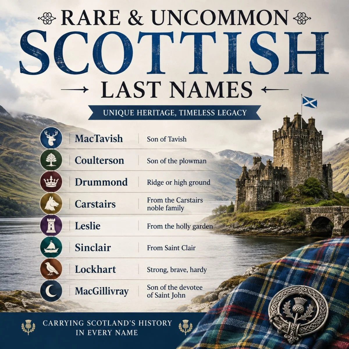 Rare and uncommon Scottish last names with meanings over a scenic Highland castle and tartan background.