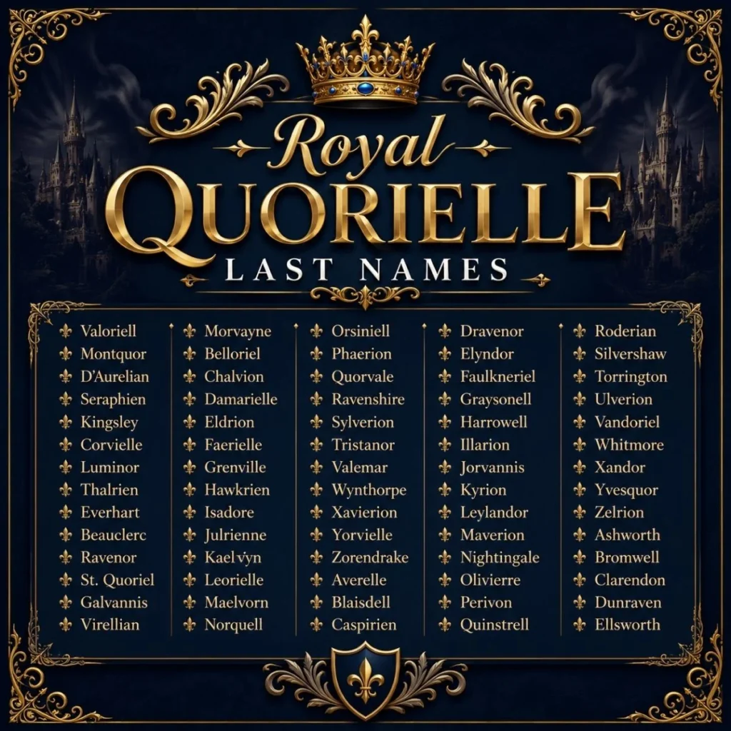 Royal Quorielle last names displayed in an elegant gold and navy fantasy design