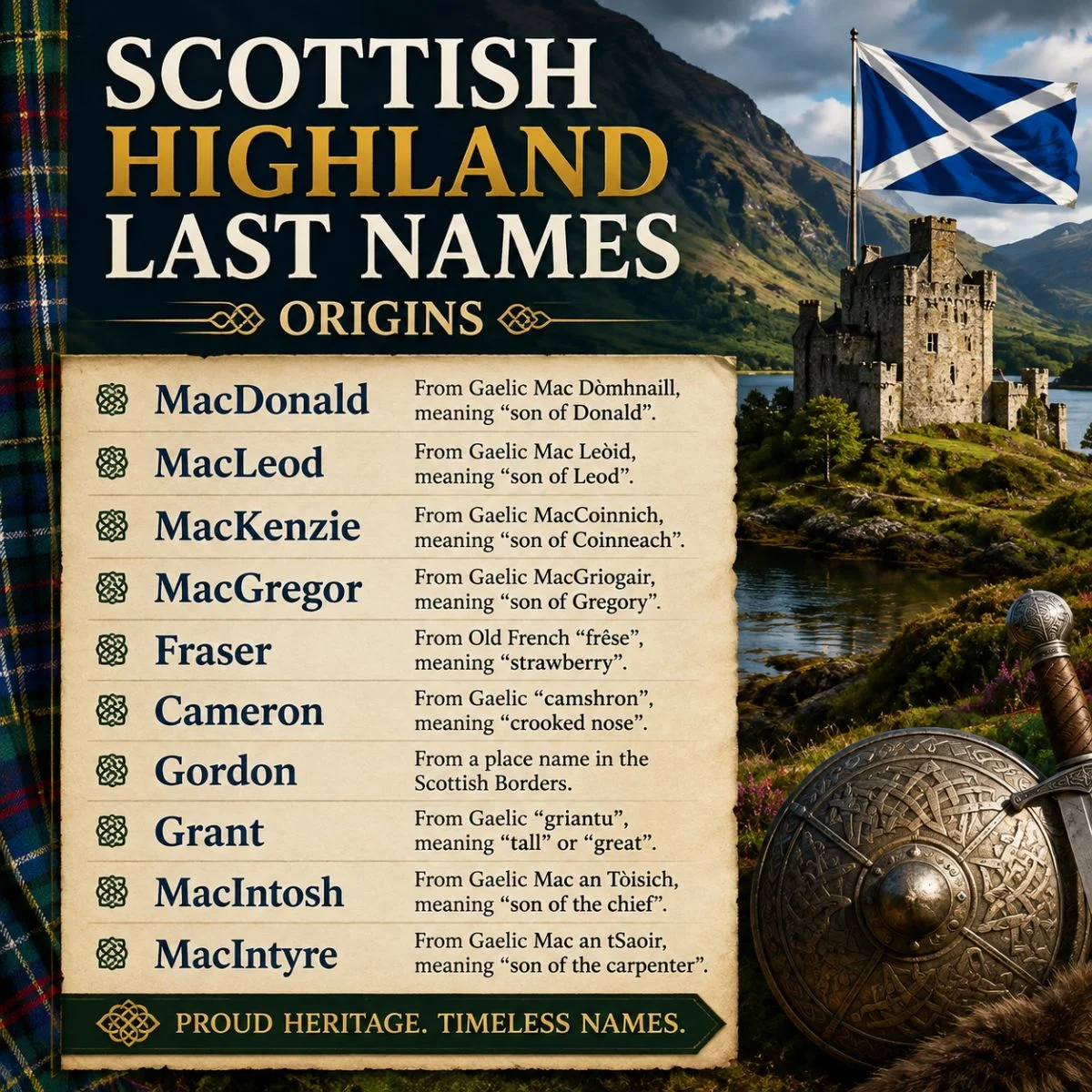 Scottish Highland last names with Gaelic origins, clan heritage, castle, mountains, tartan, and Scottish flag