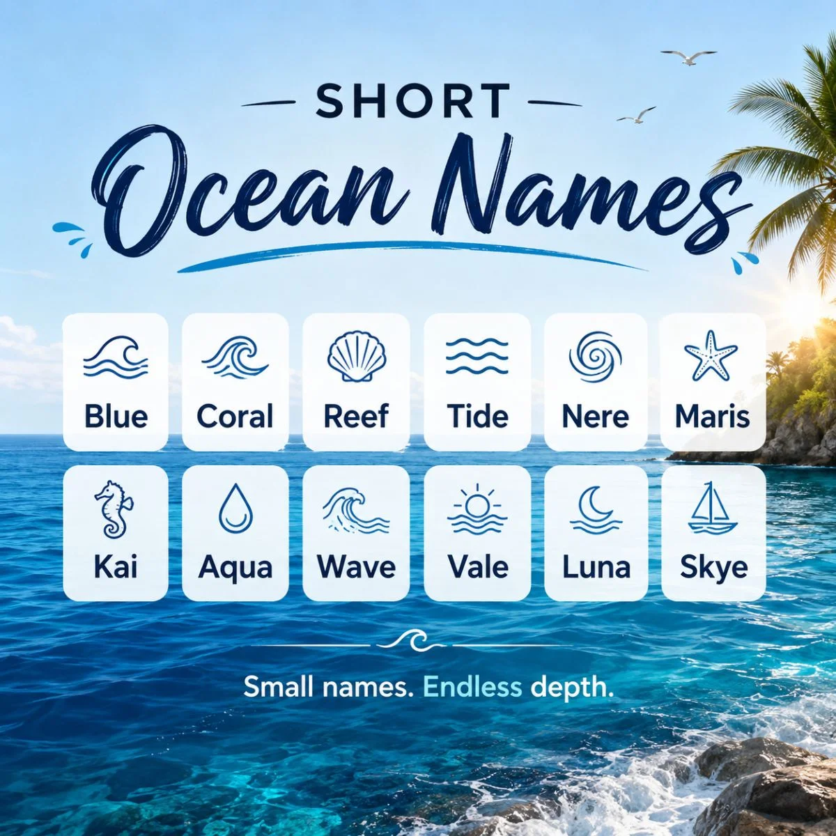 Short ocean names displayed on a bright tropical ocean-themed infographic