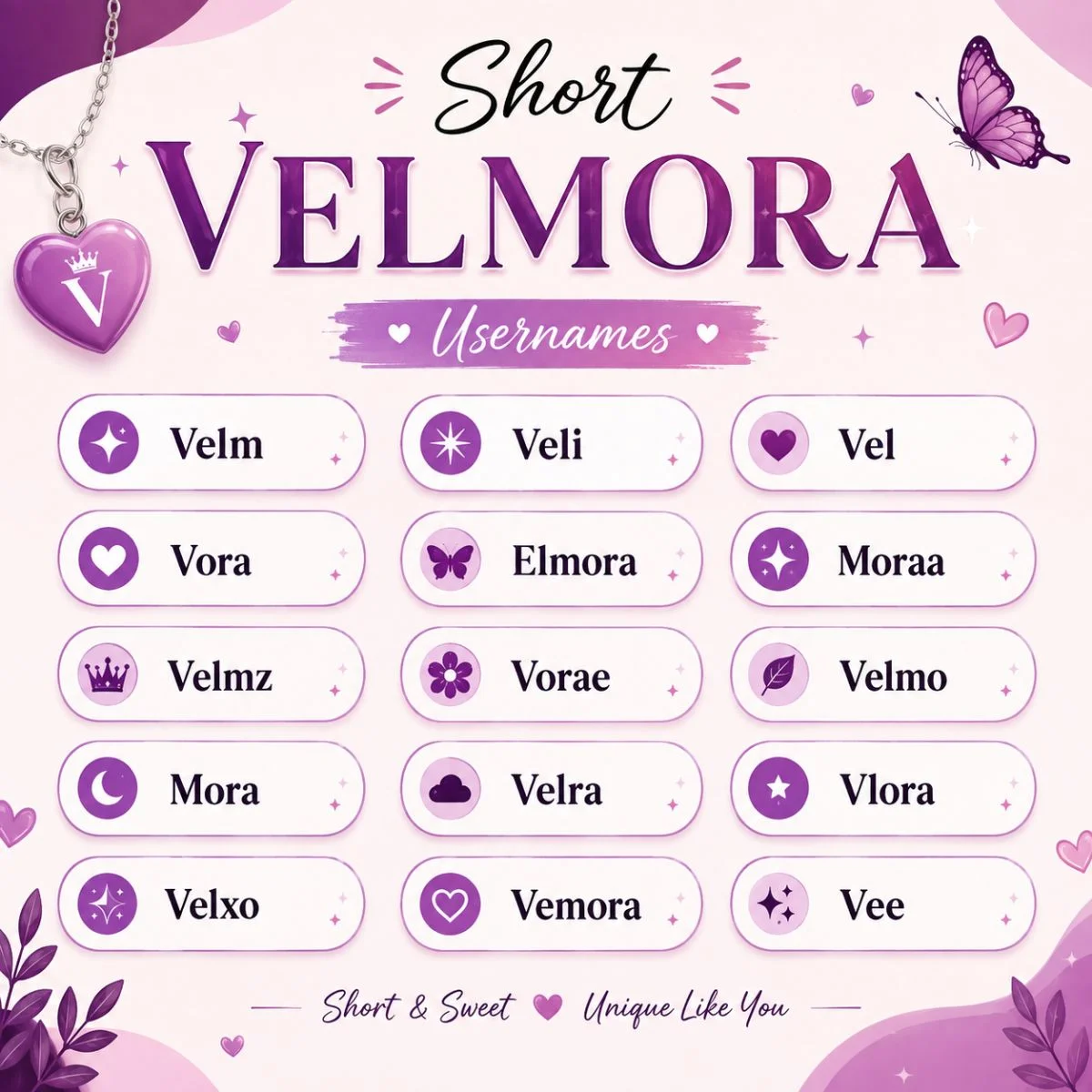 Short Velmora usernames in a cute pink and purple graphic with unique username ideas