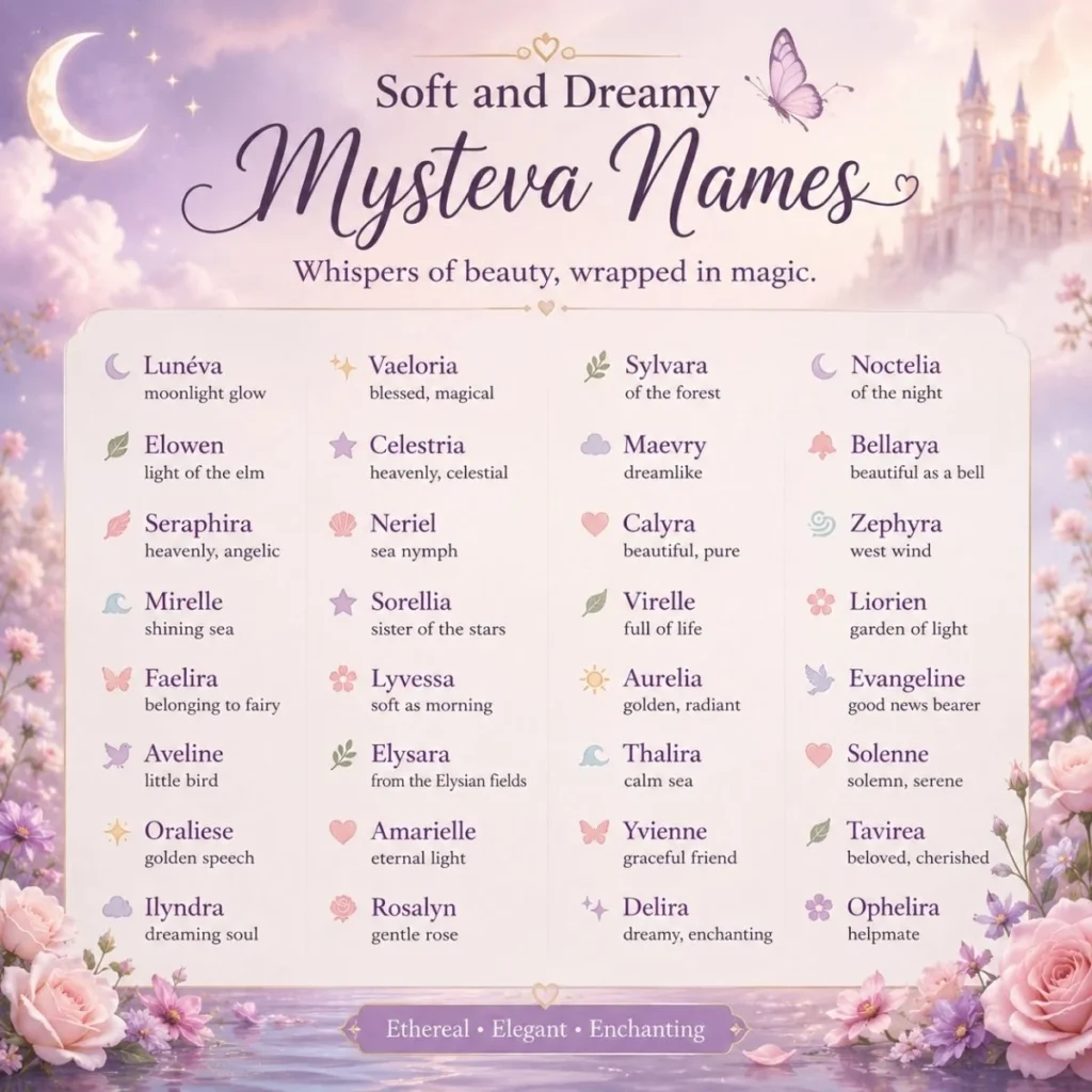 Soft and dreamy Mysteva names in a pastel fantasy design with flowers, stars, moon, and magical accents.