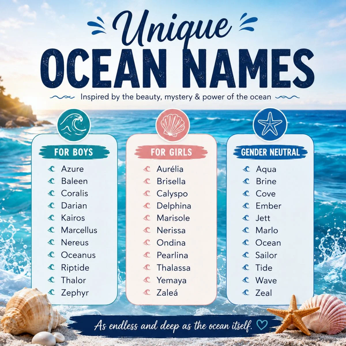 Unique ocean names for boys, girls, and gender-neutral names inspired by the sea