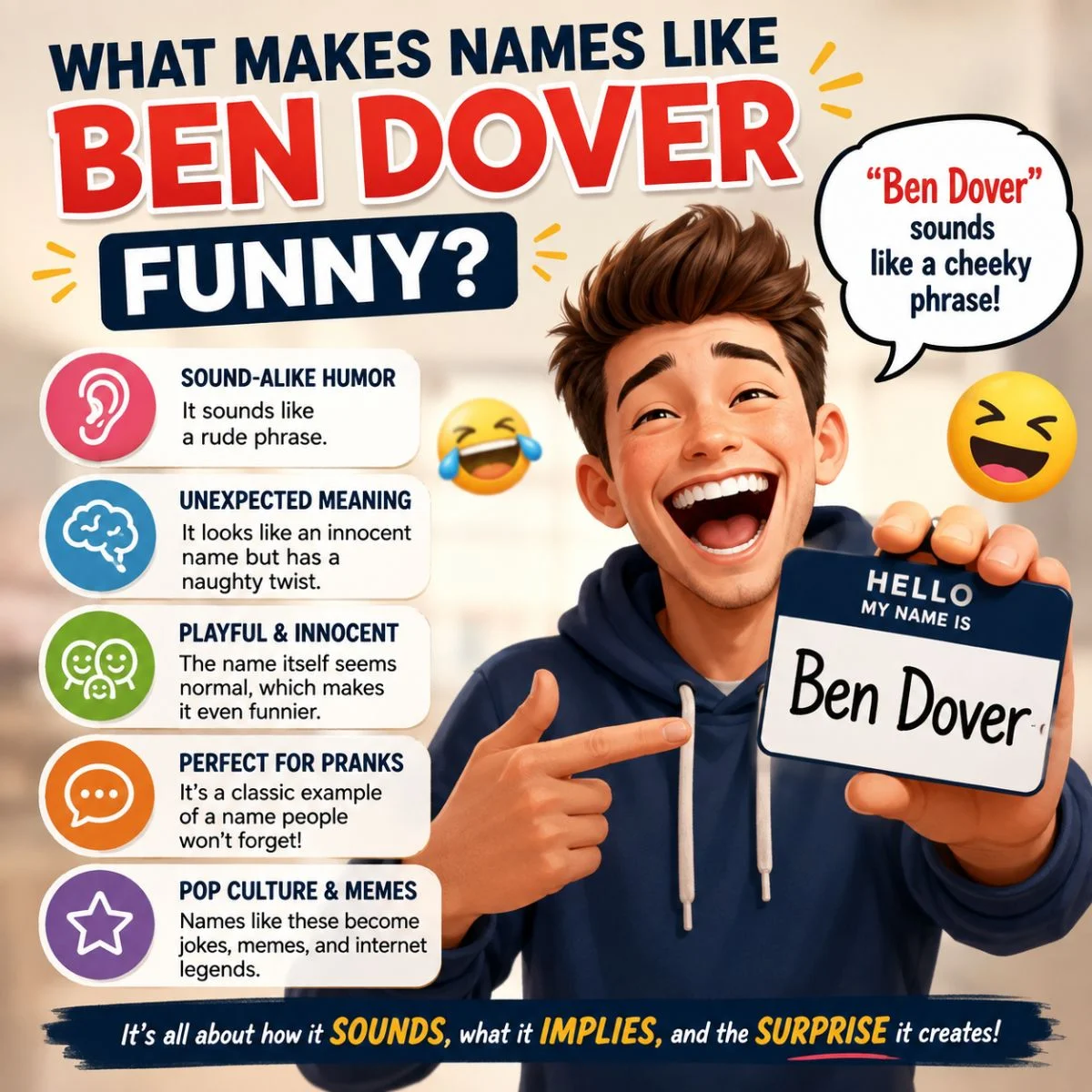 What makes names like Ben Dover funny, showing sound-alike humor, playful meanings, and joke appeal