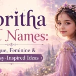 Zoritha girl names in a dreamy fantasy setting with a princess in a lavender gown