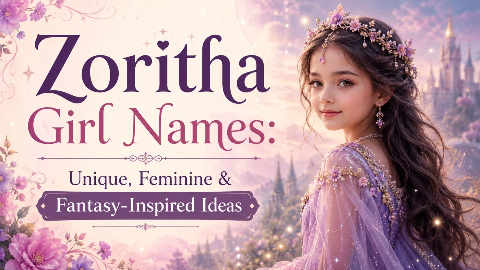 Zoritha girl names in a dreamy fantasy setting with a princess in a lavender gown