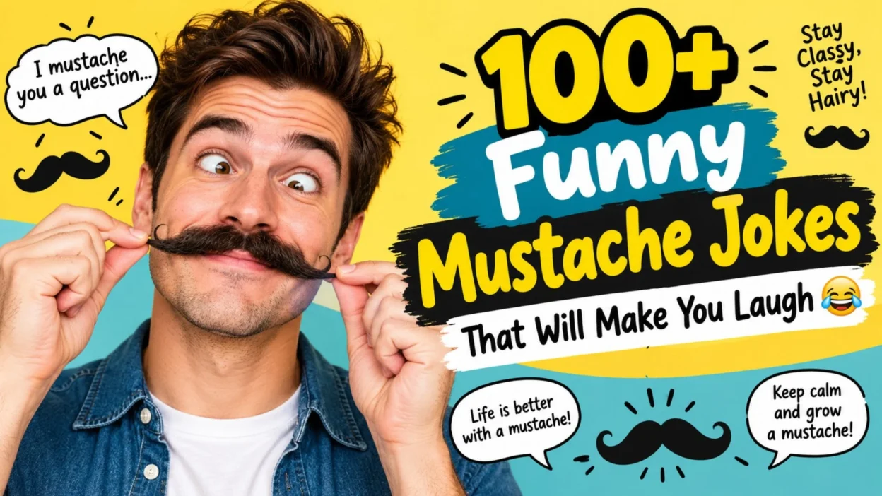 Funny mustache jokes featuring a man with a handlebar mustache and humorous facial hair puns.
