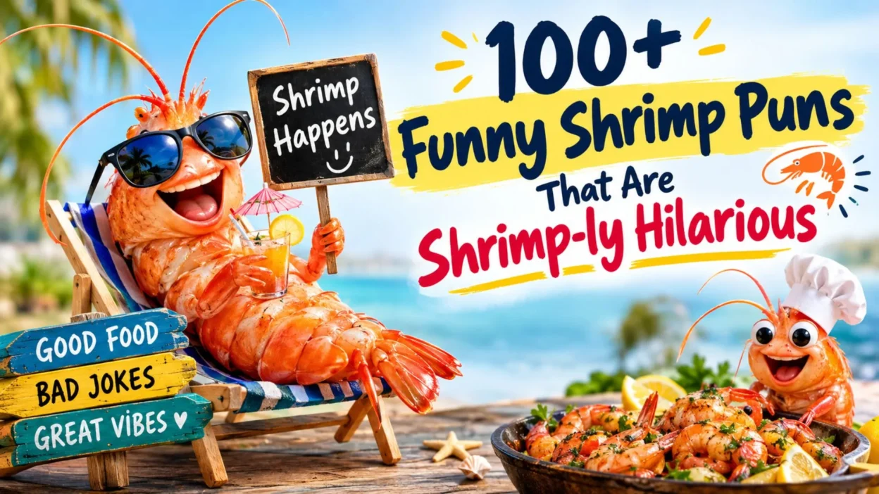 100+ funny shrimp puns graphic featuring a cheerful shrimp in sunglasses by the ocean