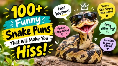 Funny snake puns featuring a silly snake wearing sunglasses with humorous captions.