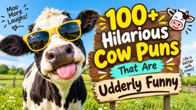 Funny cow wearing yellow sunglasses with a sign featuring hilarious cow puns