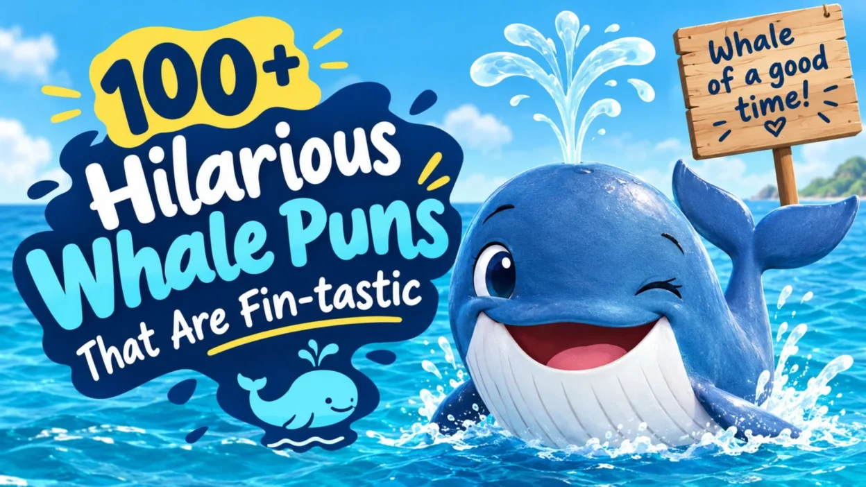 100+ hilarious whale puns featuring a cheerful blue whale jumping out of the ocean with playful splashes.