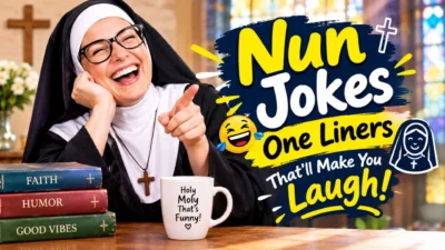 Funny nun jokes one liners graphic featuring a smiling nun, humor books, coffee mug, and church background.