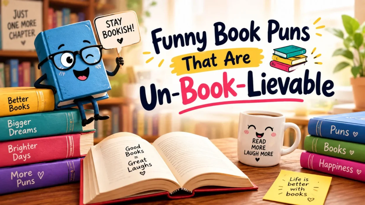 Funny book puns with colorful books, a cute cartoon book, and reading humor