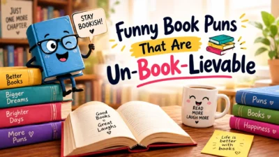 Funny book puns with colorful books, a cute cartoon book, and reading humor