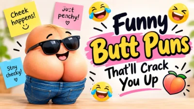 Funny butt puns with a cheeky cartoon peach character wearing sunglasses