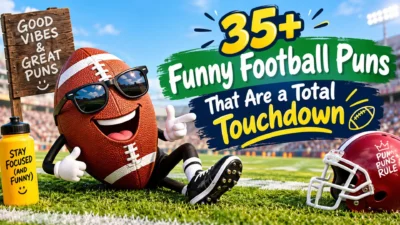 "Funny football puns collection with cartoon football and bold text reading total touchdown"