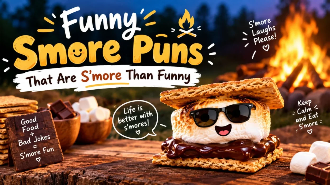 Funny smore puns with a smiling marshmallow, chocolate, graham crackers, and a cozy campfire
