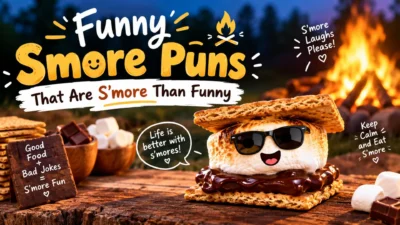Funny smore puns with a smiling marshmallow, chocolate, graham crackers, and a cozy campfire