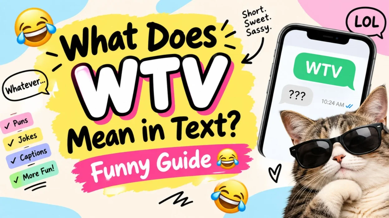 What Does WTV Mean in Text? Funny Guide with a phone, WTV message, and laughing cat