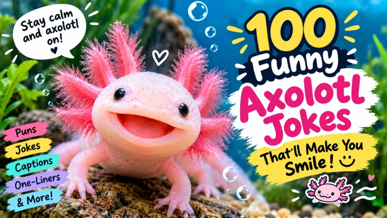 100 funny axolotl jokes featuring a cute smiling pink axolotl with fluffy gills in a colorful underwater setting.