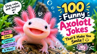 100 funny axolotl jokes featuring a cute smiling pink axolotl with fluffy gills in a colorful underwater setting.